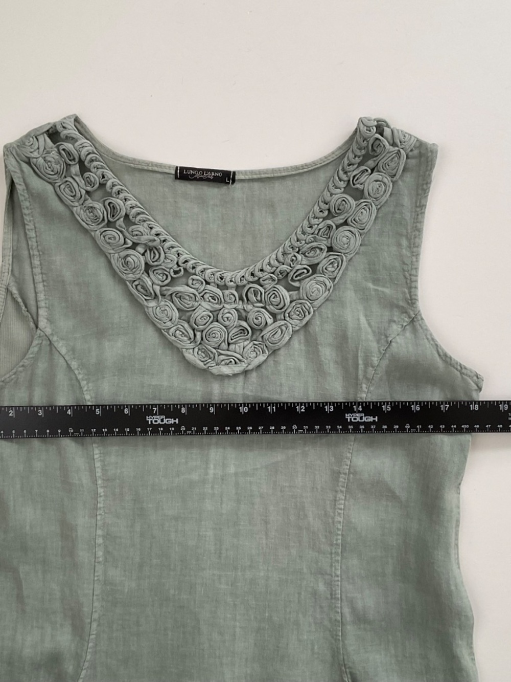 Lungo L'Arno Rosette 100% Linen Dress Sz L Sage Green Modest Coastal Mori Kei - Picture 6 of 10